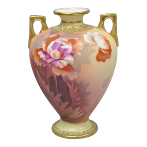 Antique Nippon Hand Painted Porcelain Small Pink Floral Vase W Gold Twin Handles