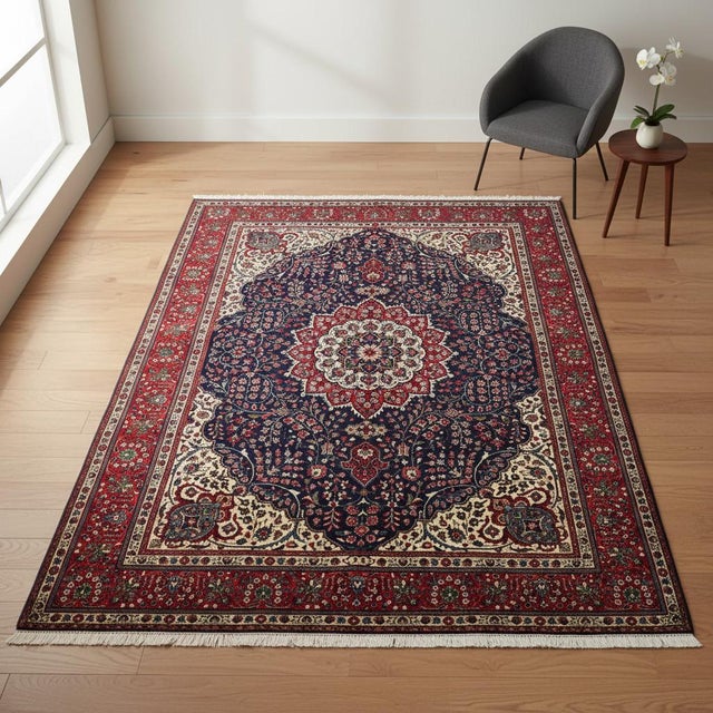 This stunning Persian Heriz/Serapi rug features a classic geometric medallion design, showcasing intricate motifs and a...