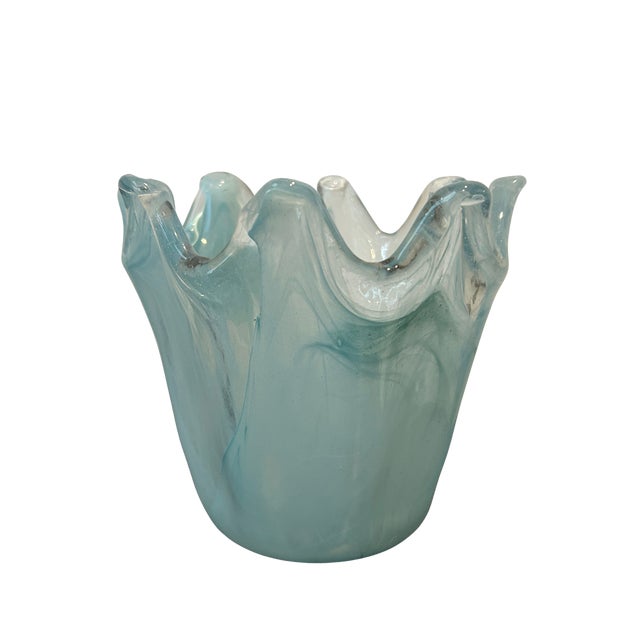 Mid 20th Century Vintage Murano Style Art Glass Vase | Hand-Blown Italian Blue & White Swirl Opaline Vase With Ruffled Rim | Mid-Century Modern Decor For Sale - Image 5 of 11