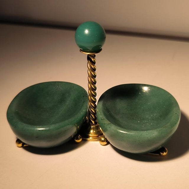 Modern Double Salt Cellar Condiment Bowl in Silver, Vermeil, and Aventurine by Wolfers Frères, 1950 For Sale - Image 3 of 13