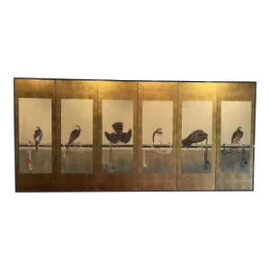 Antique Japanese Meiji Era Hand Painted Hunting Hawks 6 Panel Screen