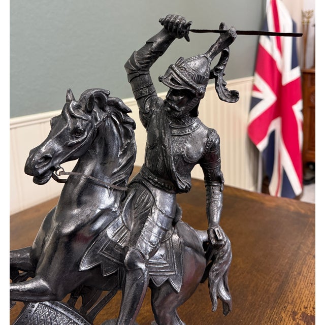 Antique French Pair of Patinated Spelter Sculptures Knights on Horseback For Sale - Image 14 of 16
