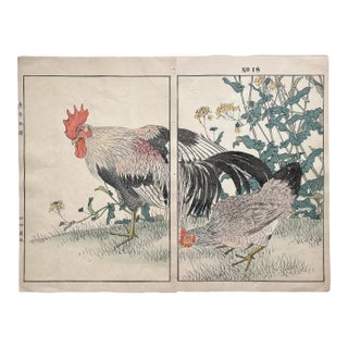 Imao Keinen, "Rooster, Hen, and Rapeseed Flowers," 1891 First-Edition Antique Japanese Woodblock Print For Sale