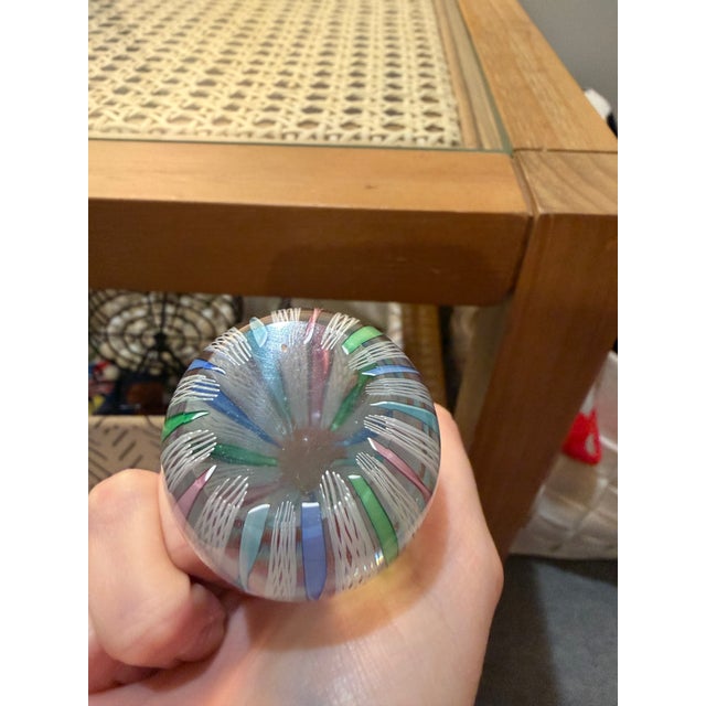 Traditional Vintage Murano Latticino Ribbon Art Glass Egg-Shaped Paperweight For Sale - Image 3 of 3