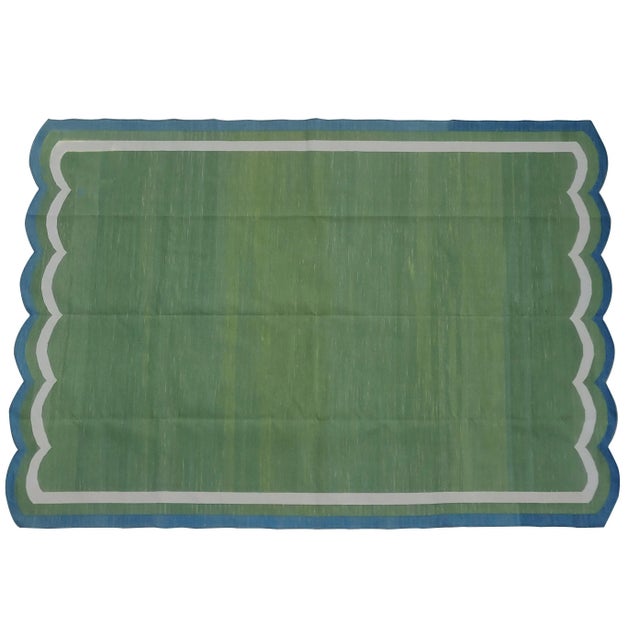 Not Yet Made - Made To Order Handmade Cotton Scalloped Rug, Moss Green with Cream and Blue Border 8'x10' For Sale - Image 5 of 6