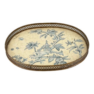 Vintage Chinoiserie Oval Brass Tray For Sale