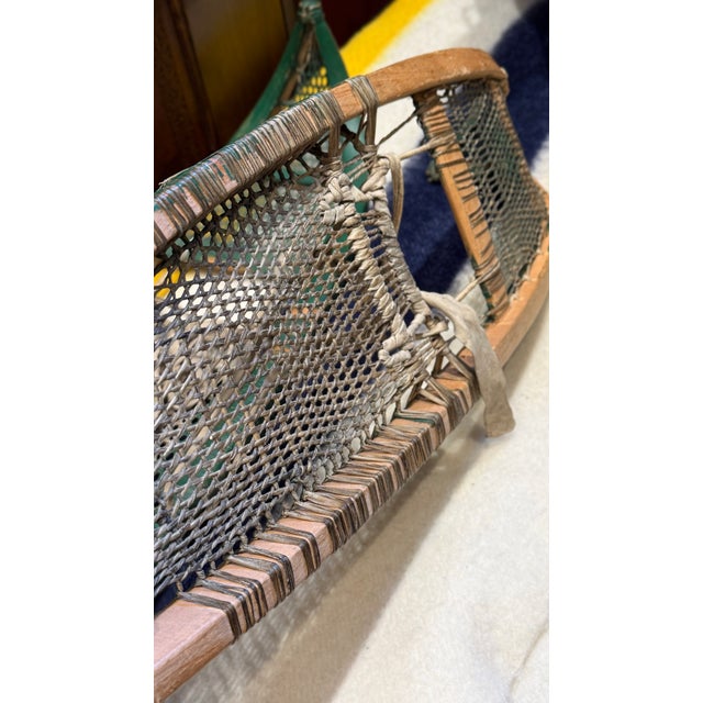 Wood Antique Early 20th Century Cree Snowshoes With Babiche Lacing Green Paint For Sale - Image 7 of 11
