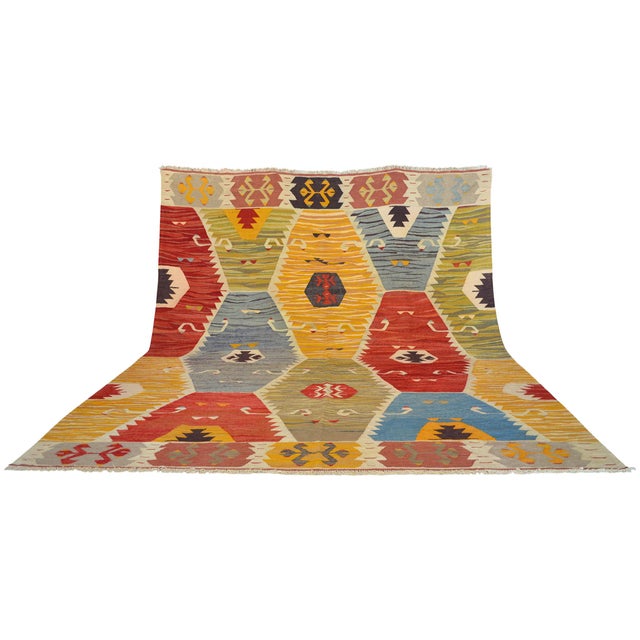 Mustard Vintage Handwoven Turkish Rug Oversized Oushak Kilim Rug for Living Room - 9′11″ X 12′2″ For Sale - Image 8 of 14