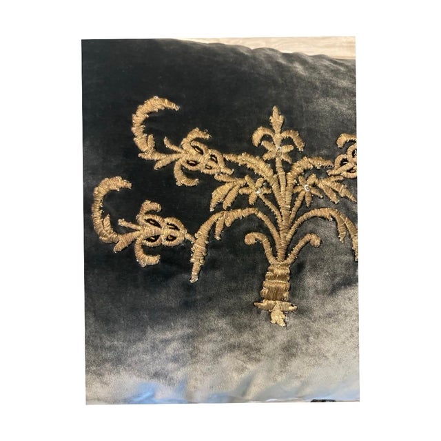 Italian Vintage Italian Dark Grey Velvet Pillow Re-Designed With Antique Gold Metallic Wire Embroidery. For Sale - Image 3 of 4