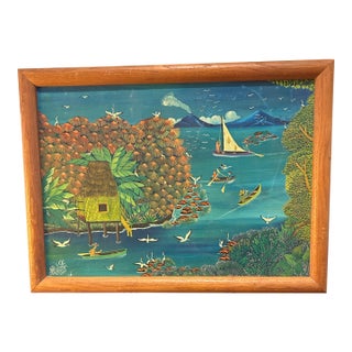 Vintage Haitian, Painting With Boats and Birds. For Sale