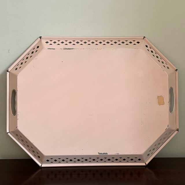 Pink Mid-20th Century Hand Painted Pink Tole Serving Tray For Sale - Image 8 of 10