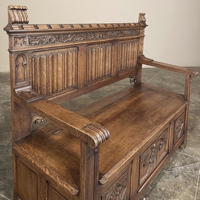 Antique Gothic Revival Carved Hall Bench For Sale - Image 14 of 18