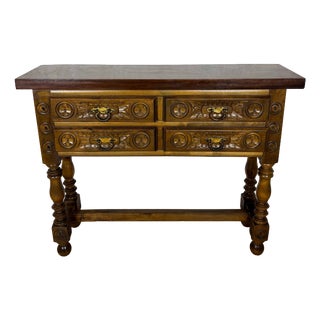 Spanish Renaissance Revival Walnut Console Table with Four Carved Drawers, 1930s For Sale
