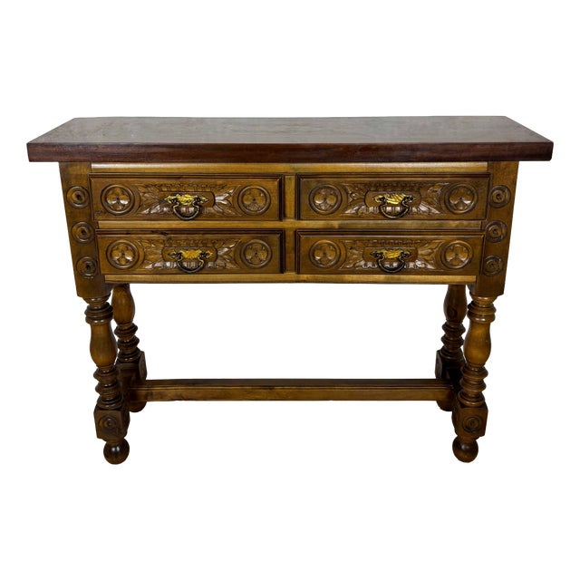 Spanish Renaissance Revival Walnut Console Table with Four Carved Drawers, 1930s For Sale