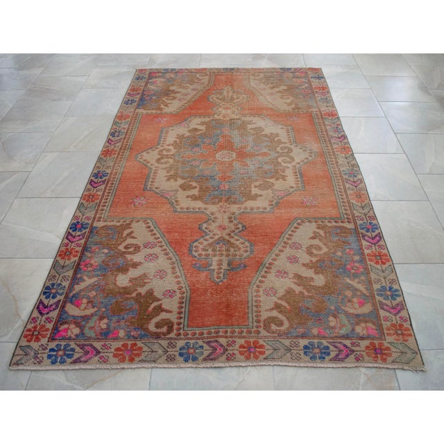 Distressed Low Pile Turkish Rug Vintage Area Rug - 4'3" X 7'10" For Sale - Image 13 of 15