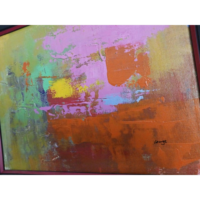 Pink Pair Vintage Color Field Abstract Midcentury Paintings Rose and Blue For Sale - Image 8 of 11