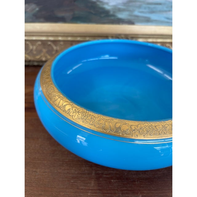 Mid 19th Century Mid 19th Century French Blue Opaline Glass Bowl With Intricate Gilded Fruit and Vine Border For Sale - Image 5 of 9
