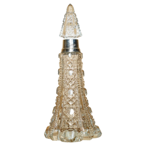 Large Antique Perfume Bottle Flask in Cut Glass Crystal & Sterling Silver, 1908