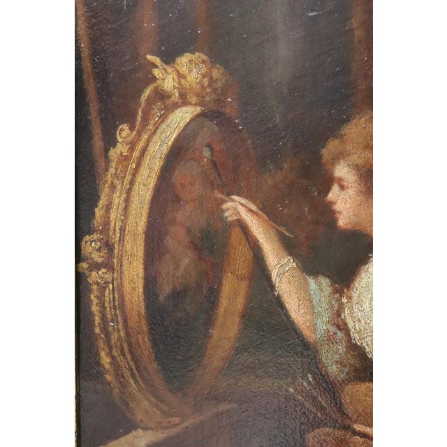 Italian School Artist, Young Woman Painter with Cardinal, Oil Painting on Cardboard, 19th Century, Framed For Sale - Image 9 of 17