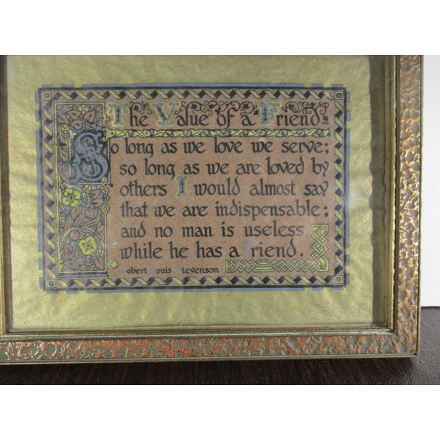 The Value of a Friend by Robert Lewis Stevenson. Printed and framed circa the 1930s'. The fine Gothic motto is drawn in...
