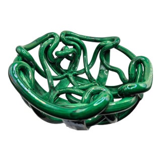Postmodern Green Ceramic Braided Woven Abstract Centerpiece Bowl For Sale