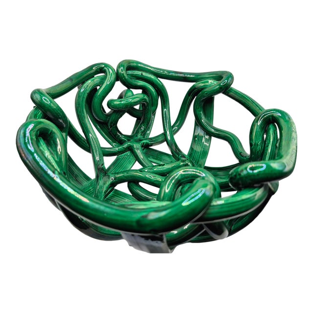 Postmodern Green Ceramic Braided Woven Abstract Centerpiece Bowl For Sale