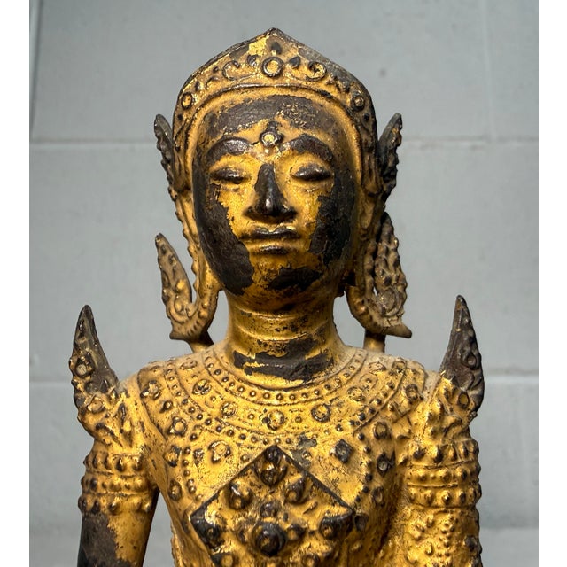Asian Antique Ntique Early 1800s Gold Gilded Bronze Thai Rattanakosin Buddha Statue Sculpture For Sale - Image 3 of 18