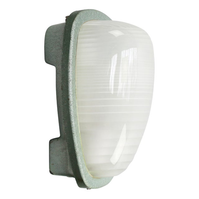 Vintage Industrial French Green Cast Iron & Frosted Cut Glass Wall Light by Holophane, France For Sale