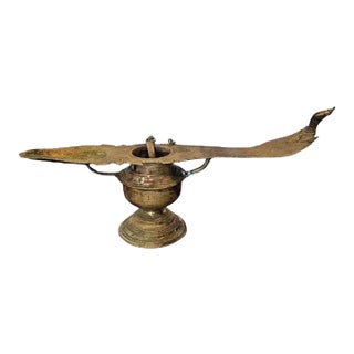 19th Century India Brass Ritual Oil Lamp With Attached Spoon For Sale