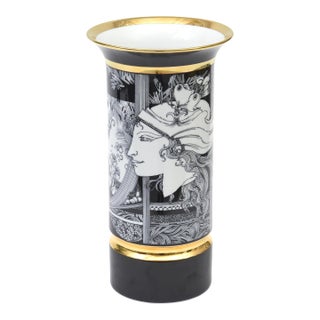 Vintage Signed Hungarian Porcelain Adria Vase, 1992 Fornasetti Style, Black, Gold and White For Sale