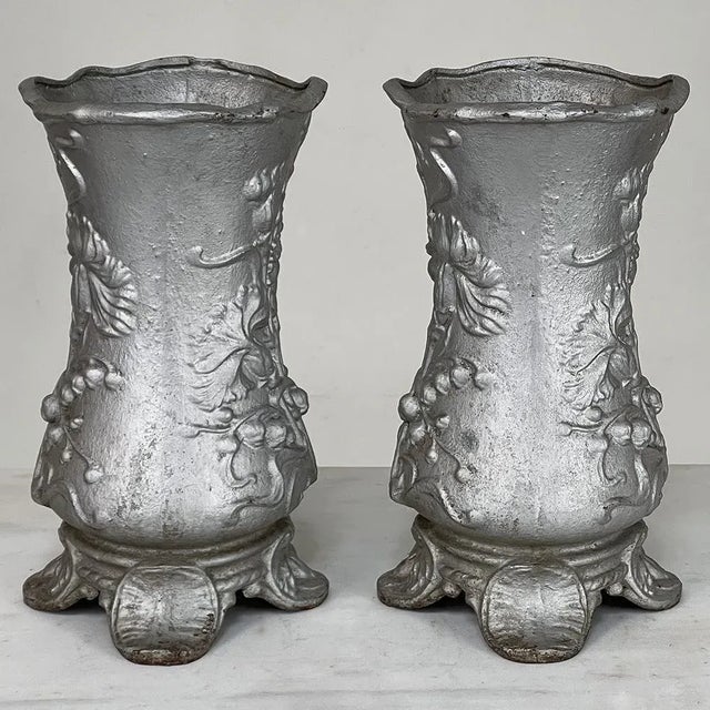 Pair Art Nouveau Cast Iron Painted Jardinieres ~ Urns For Sale - Image 4 of 13