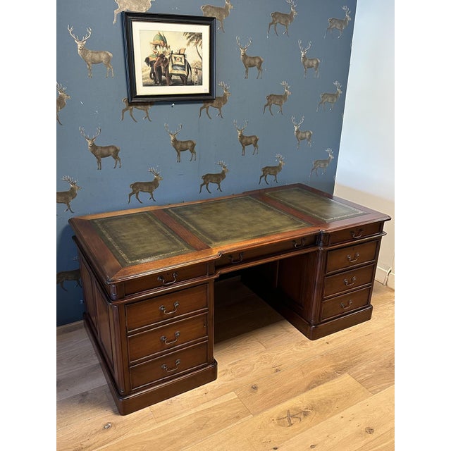 Large Mahogany Desk with Green Leather Top, 1990s For Sale - Image 9 of 18