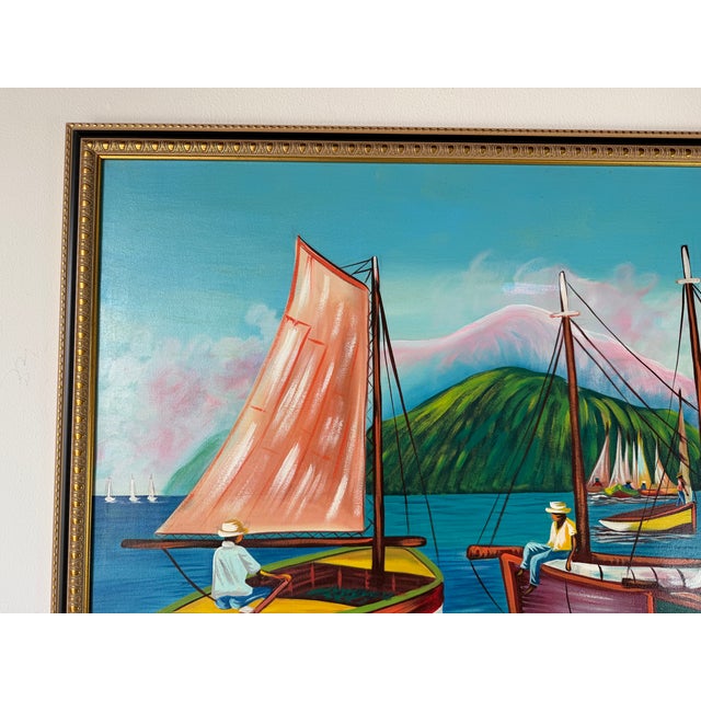 Wood Telfort Emmanuel ( 1964-1987 ) Haitian Folk Art Oil Painting on Canvas - Framed For Sale - Image 7 of 11