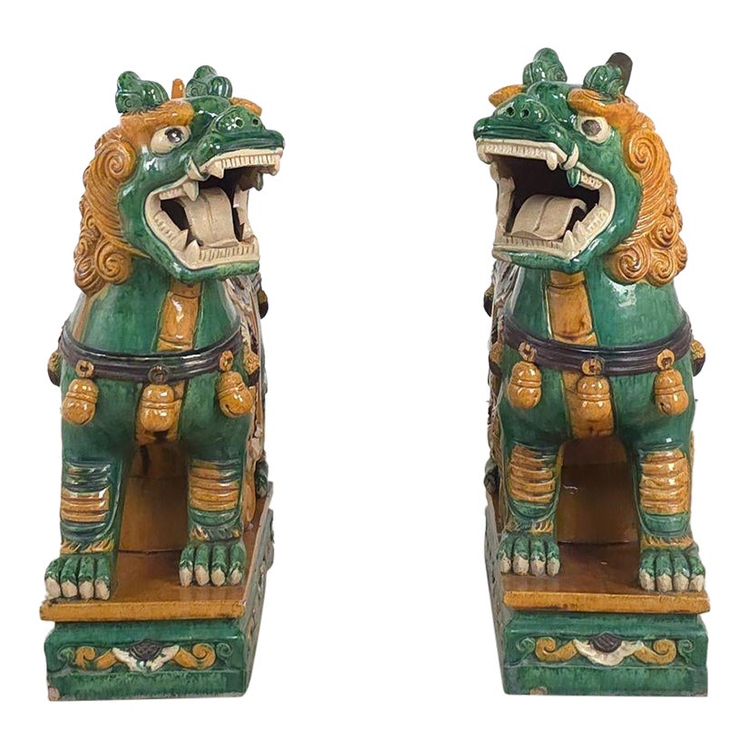 Pair of Large Chinese Sancai Pottery Foo Dogs, 20th Century or Earlier ...