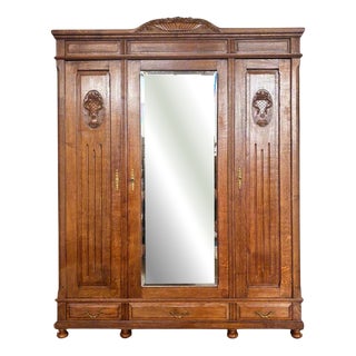 Antique Art Nouveau Wardrobe with Mirror in Oak, 1910 For Sale