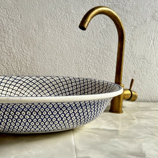 Blue Oval Sink for Bathroom Vessel Sink, Oval Handmade Ceramic with Drain For Sale - Image 6 of 8