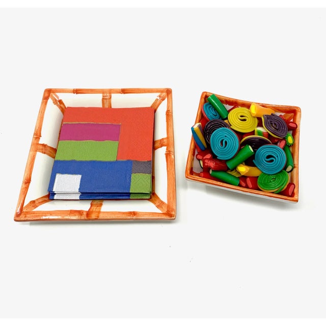 Transitional Hand Painted Bamboo Catchall Tray | Orange, Made in Italy For Sale - Image 3 of 4