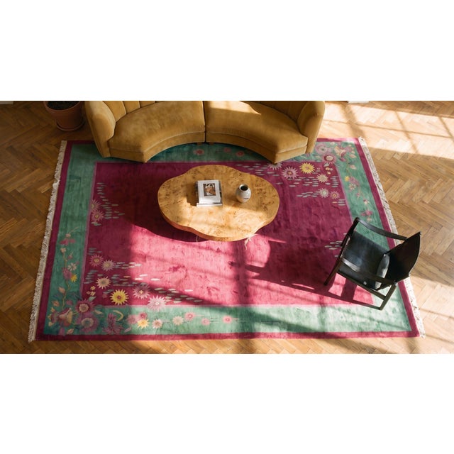 1920s Pink Blush Floral Modern Antique Chinese Art Deco Rug 8'9" X 11'4" Wool Handknotted Carpet For Sale - Image 9 of 9