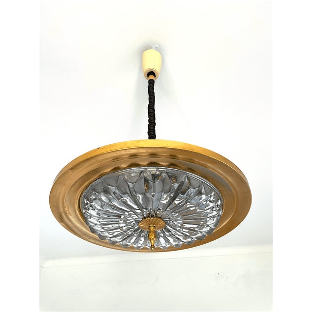 Mid-Century Modern Mid-Century Modern Retractable Metal and Pressed Glass Pull Down Pendant Lamp, 1960s For Sale - Image 3 of 16