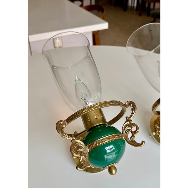 Metal Pair Italian Green & Brass Faux Oil Lamp Wall Sconces For Sale - Image 7 of 18