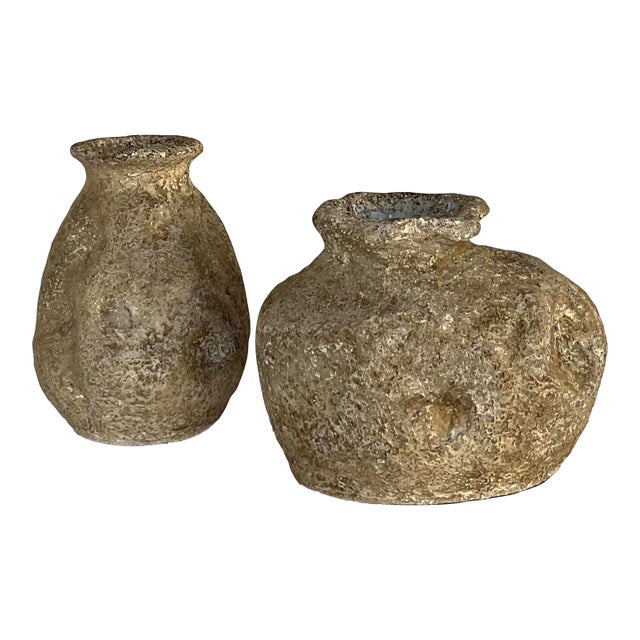 Primitive Indoor/Outdoor Concrete Ancient Echo Vase Set of 2 For Sale