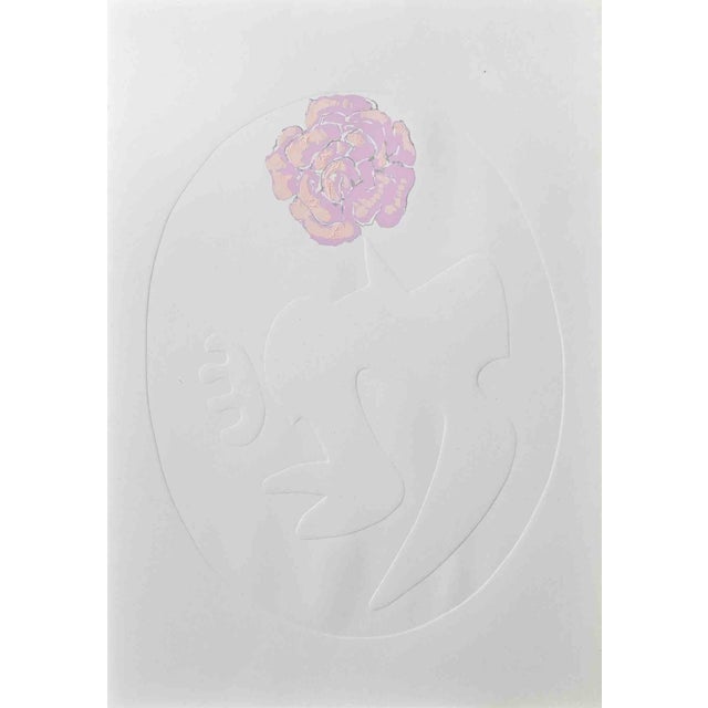 Pink rose is an original artwork realized byLeo Guida, 1971. Screen print nd embossing on paper. 48 x 37 cm. Good...