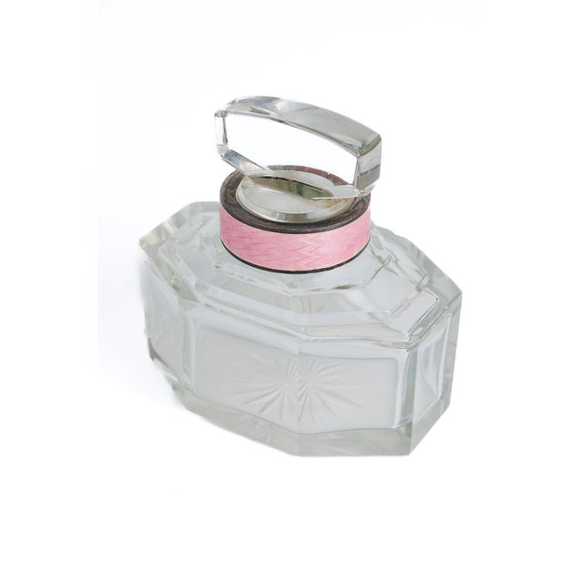 Antique English Covered Crystal Perfume Bottle with Hallmarked Sterling Silver Top. Pink Guilloche Enamel Trim on Top of...