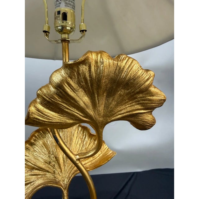 Late 20th Century Late 20th Century Pair of Gilt Bronze Ginkgo Leaf Table Lamps With Shades For Sale - Image 5 of 13
