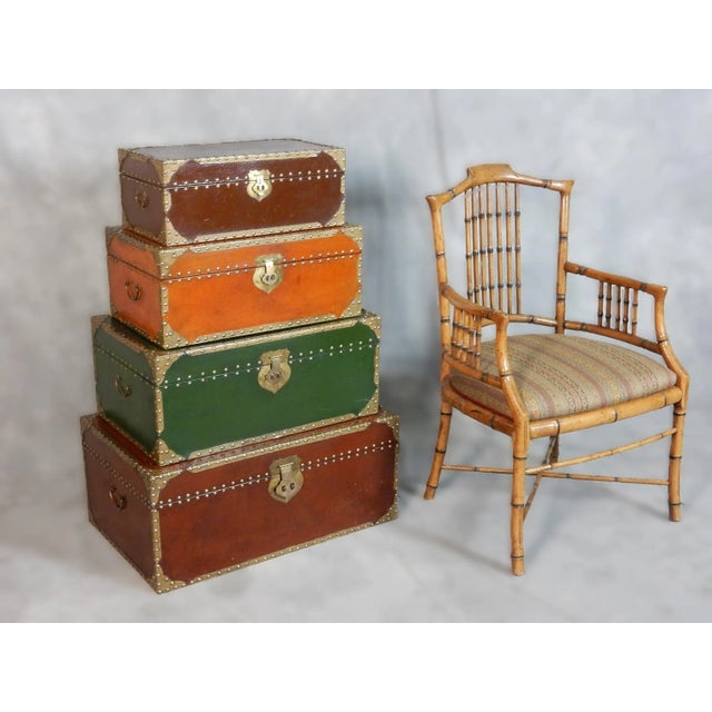Campaign Exotic Brass Nail Head & Enameled Wood Nesting Trunks or Chests For Sale - Image 3 of 12