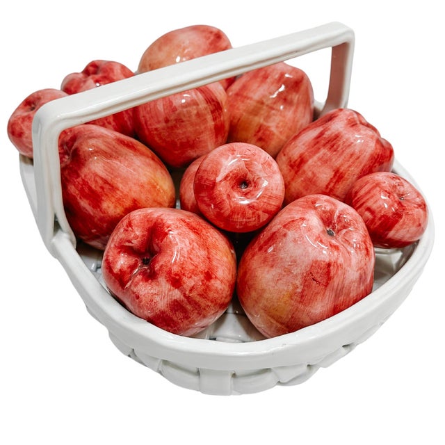 Vintage Bergdorf Goodman Italian Glazed Ceramic Apple Basket Centerpiece For Sale - Image 4 of 12