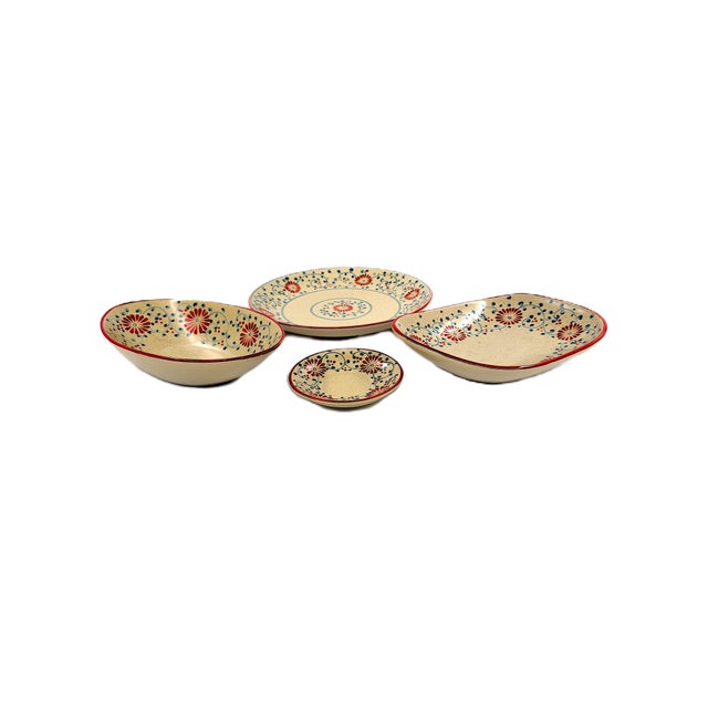 Set of 4 Bat Trang Vietnamese Ceramic Serving Dishes Hand Painted Red Floral & Blue Vine Pattern For Sale - Image 13 of 13