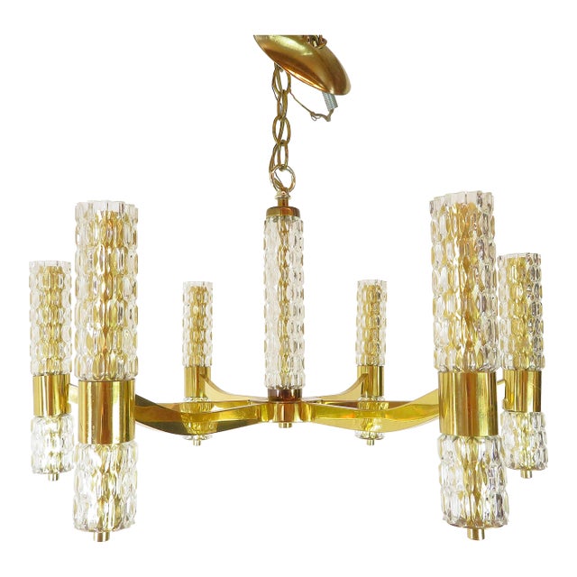 Mid Century Brass & Glass Chandelier ~ Hanging Lamp ~ Sciolari Murano Style For Sale