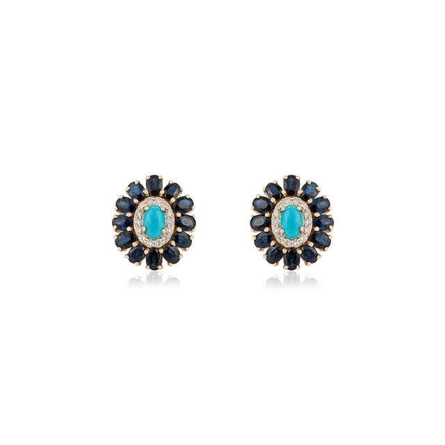 6.46ct Turquoise Sapphire Diamond Halo Floral Cluster Stud Earrings in 14k Gold-a Pair For Sale - Image 4 of 14