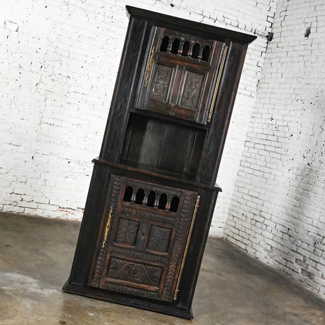Vintage Spanish Colonial Revival Style Oak Cupboard Hutch Cabinet or Dry Bar Hand Carved For Sale - Image 9 of 12